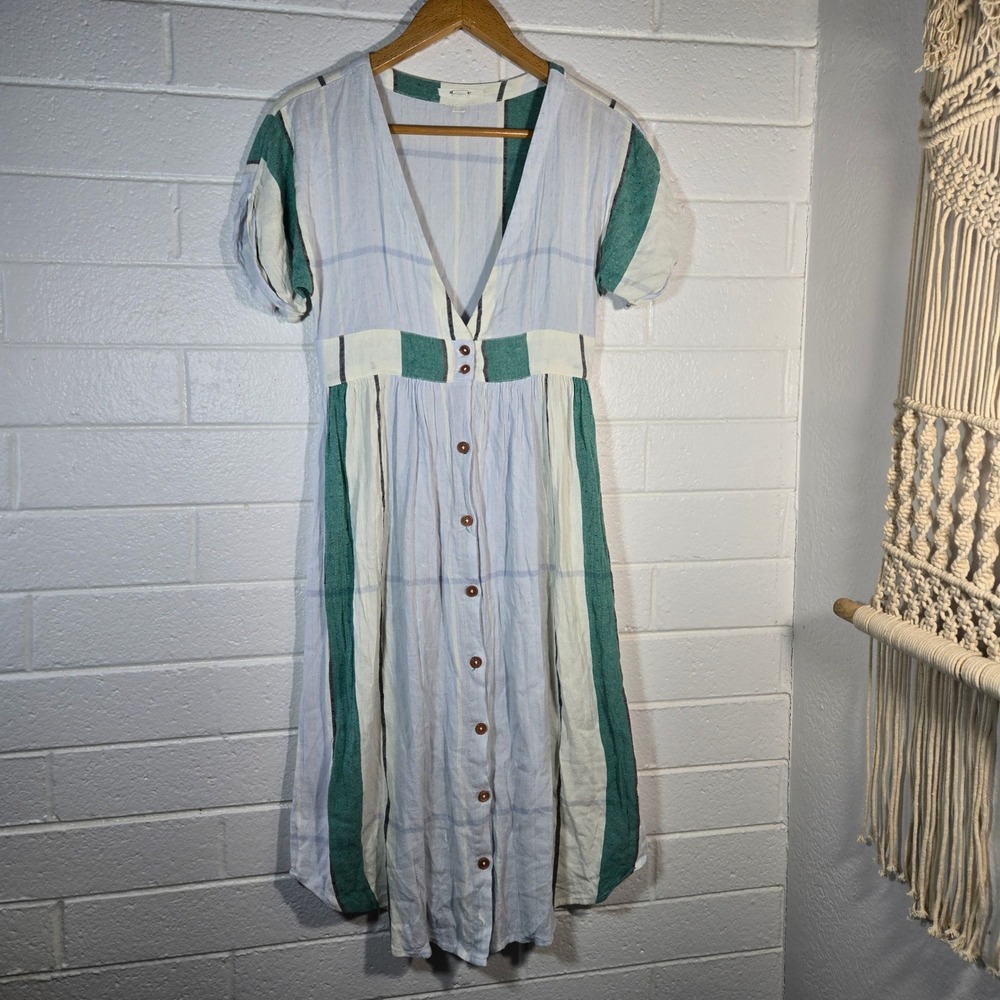 O'Neill Plaid Striped Midi Dress Medium Button Boho Beachy Cotton Blend Dolman‎